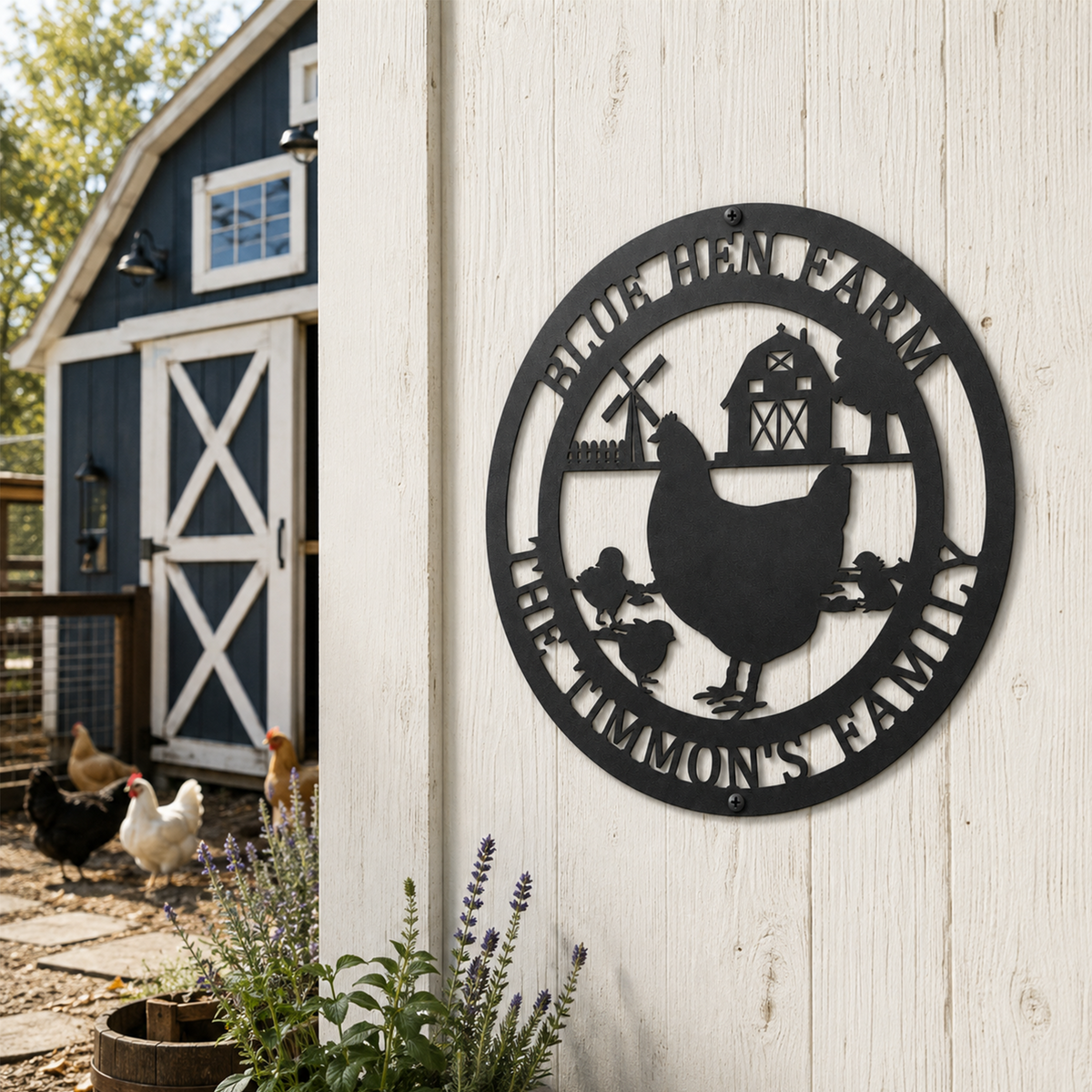 Black personalized chicken farm metal sign with hen and chicks mounted on white barn wall near chicken coop