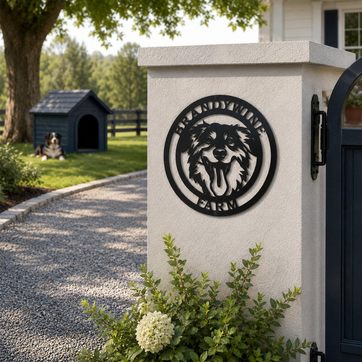 Black Border Collie farm metal sign mounted on a white gate pillar with dog house and gravel path in the background