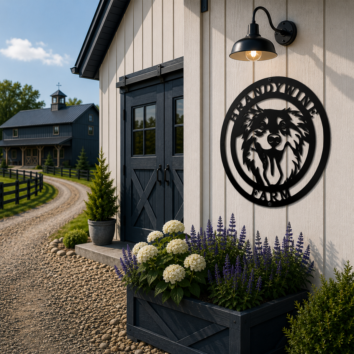 Black Border Collie farm metal sign mounted on farmhouse exterior wall with barn doors and flower planter below