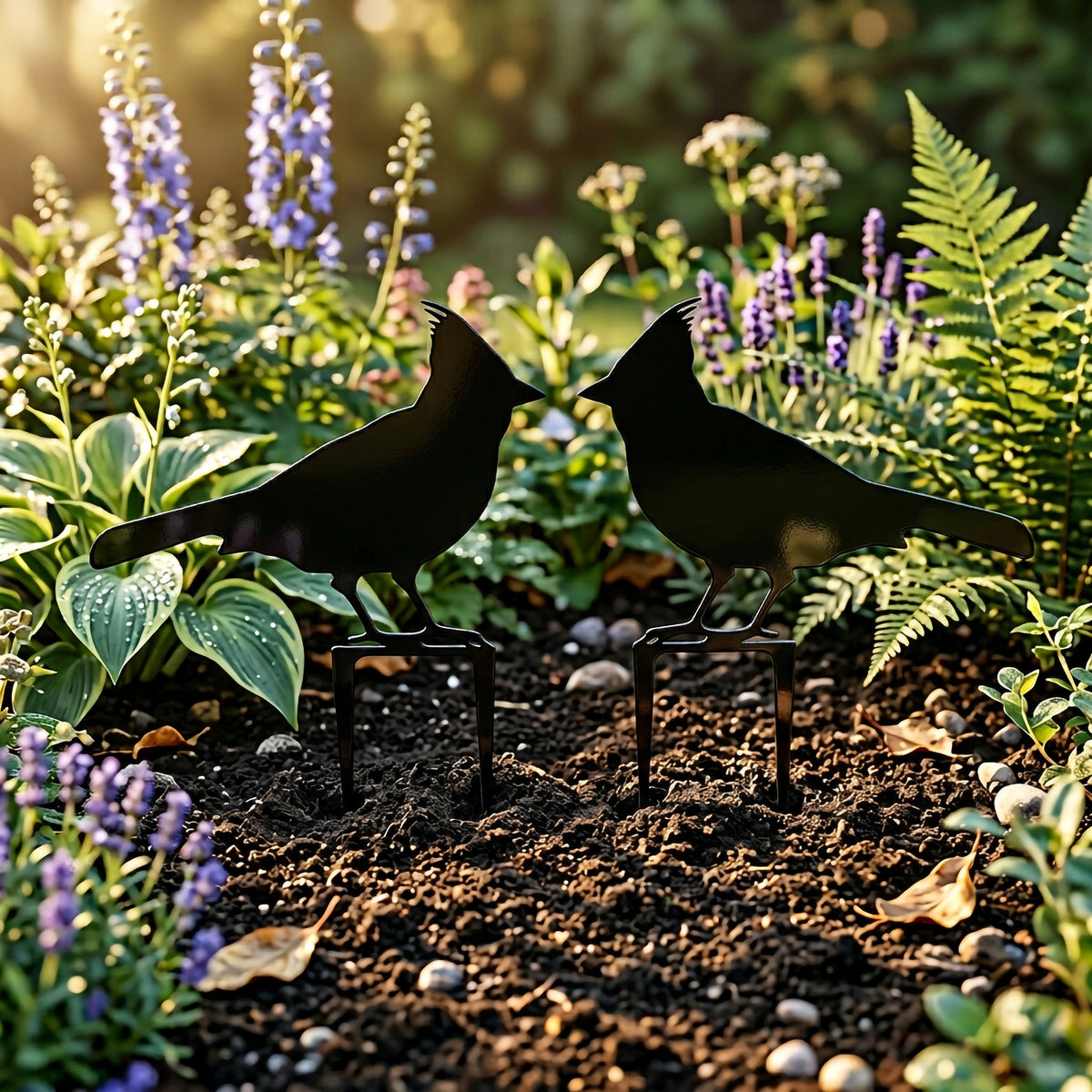 Black metal cardinal garden stakes featured in colorful flower garden with lavender blooms and lush green plants