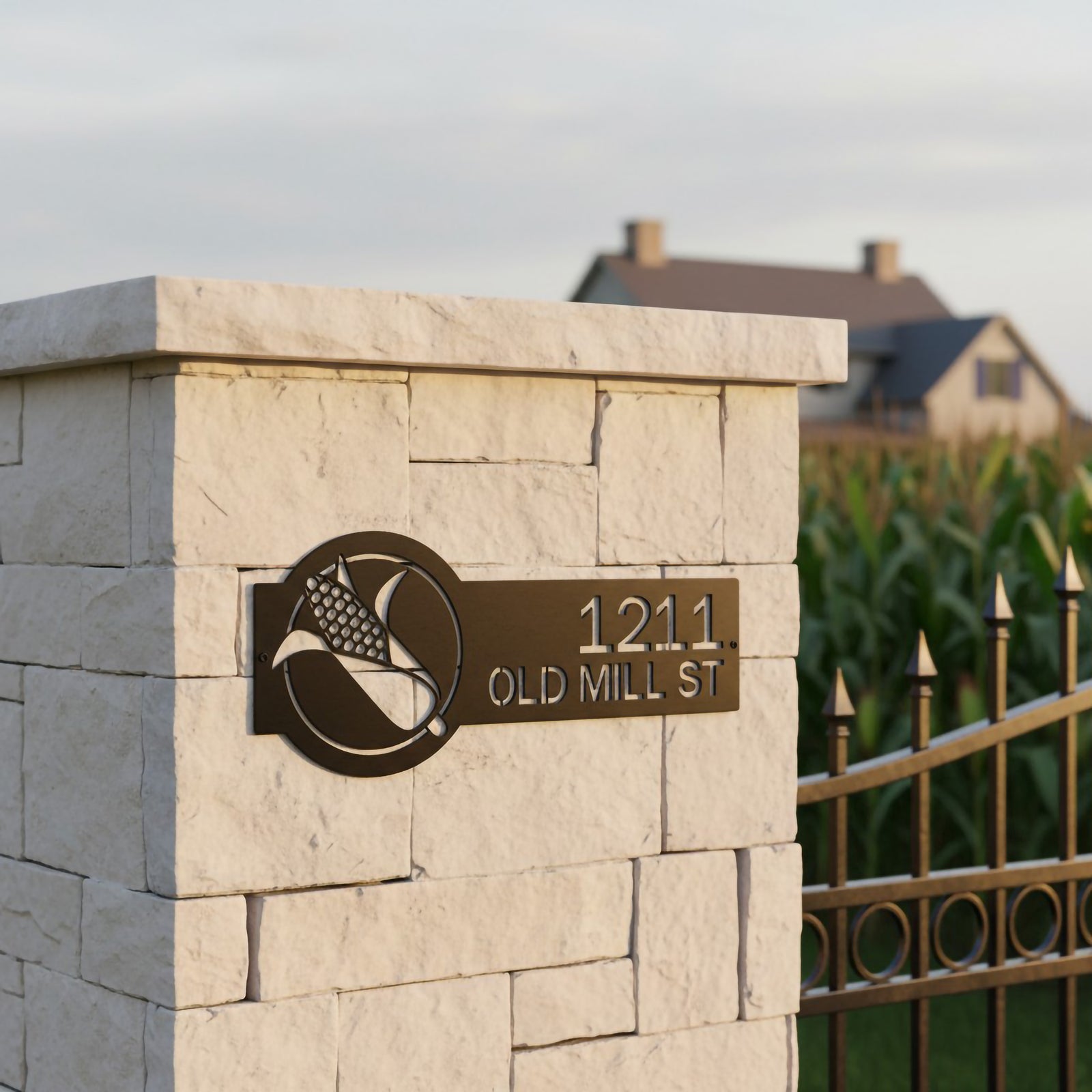 Black corn address sign with 1211 Old Mill St displayed on a white stucco pillar with cornfield background
