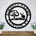 Black personalized deer scene metal wall art featuring buck deer tree landscape and custom cabin name