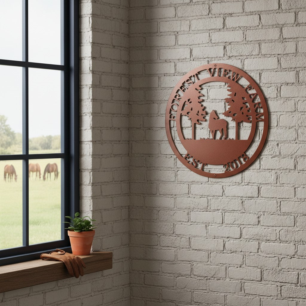 Black Forest View Farm metal sign with horse and trees displayed on a white fence post overlooking pasture land