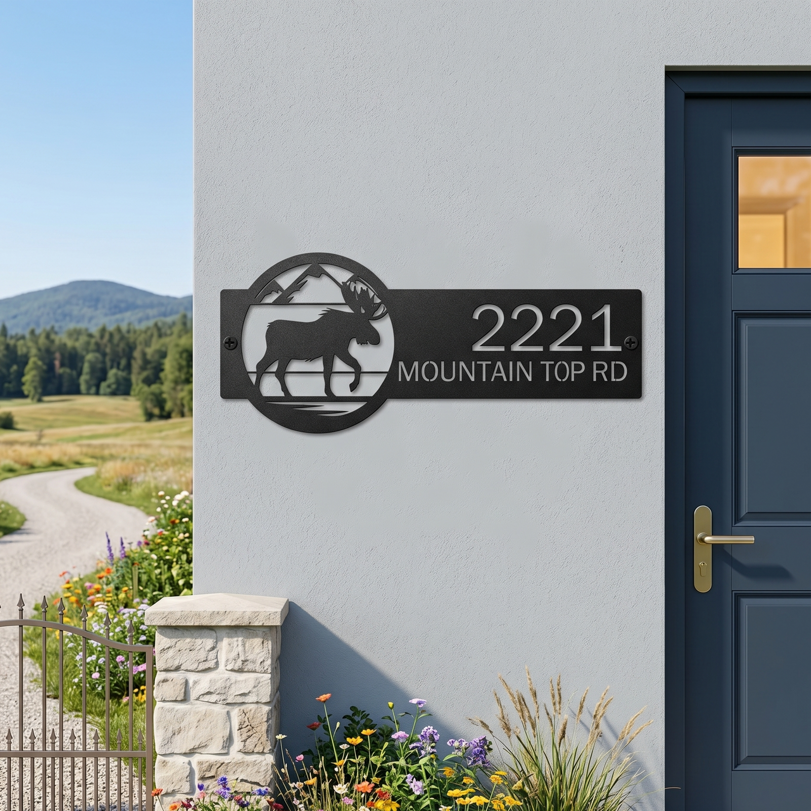 Black moose metal address sign with house number mounted near front door and garden entry