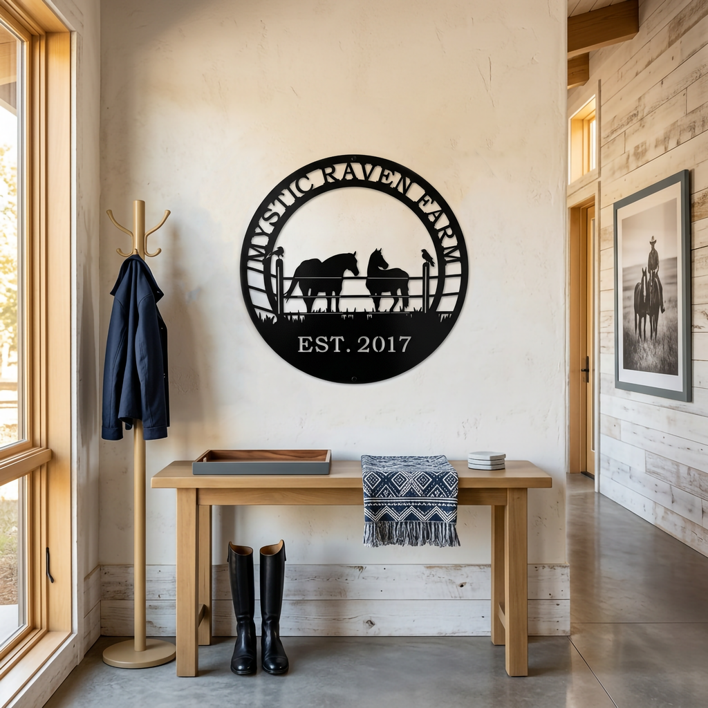Black Mystic Raven Farm horse metal wall sign displayed in a modern farmhouse entryway with equestrian decor