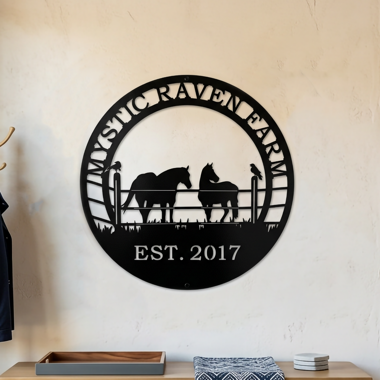 Black Mystic Raven Farm horse metal wall sign displayed in a modern farmhouse entryway with equestrian decor