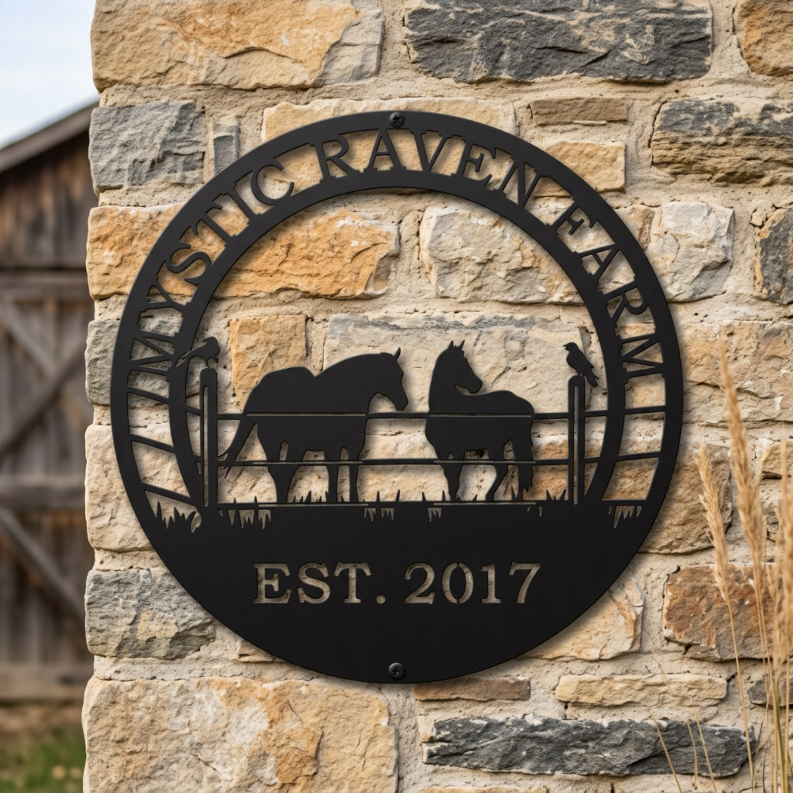 Black Mystic Raven Farm metal sign with two horses fence and raven details mounted on a rustic stone wall