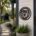 Black personalized Border Collie farm metal sign displayed on white farmhouse siding with garden planter and stone path
