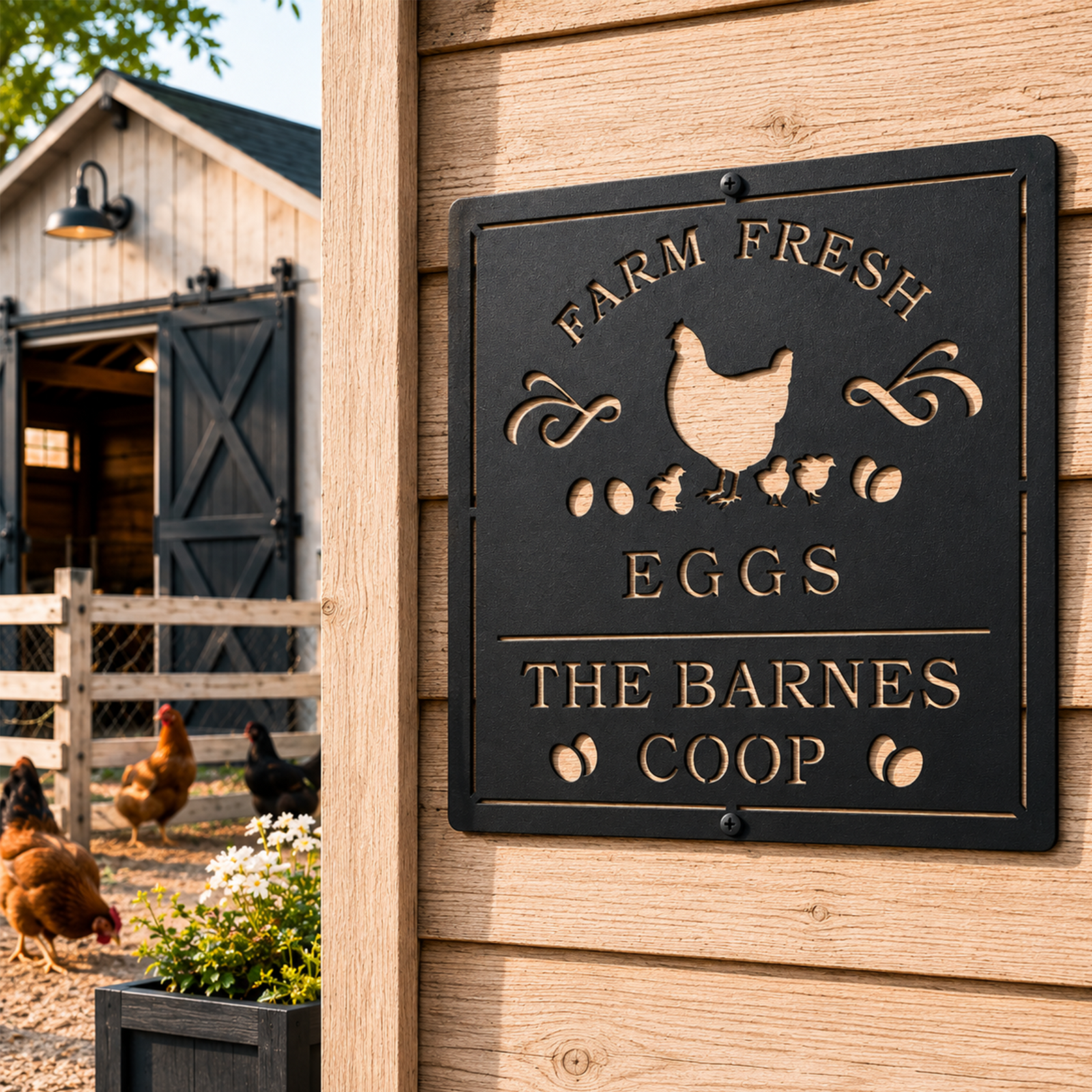 Black custom chicken coop name sign with hen chicks and egg design mounted on rustic wood siding near backyard chickens