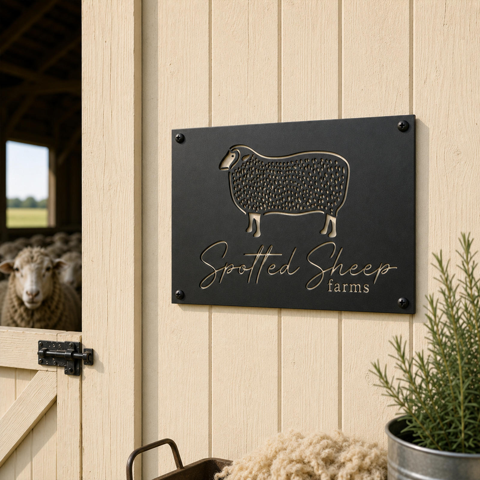Black spotted sheep farm custom metal wall sign mounted on cream barn wall beside sheep barn entrance