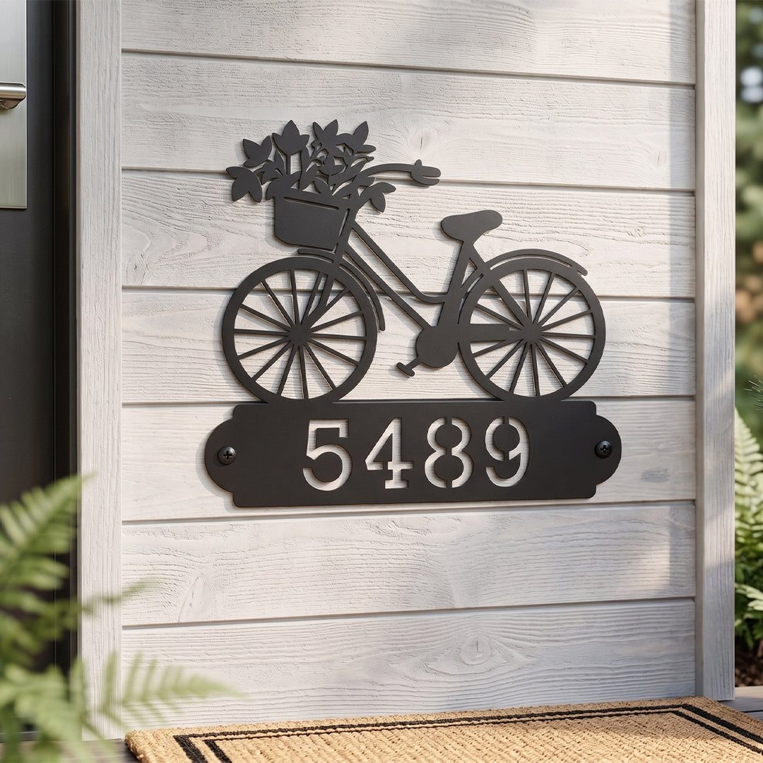 Personalized Metal Address Sign with Vintage Bicycle House Number Design