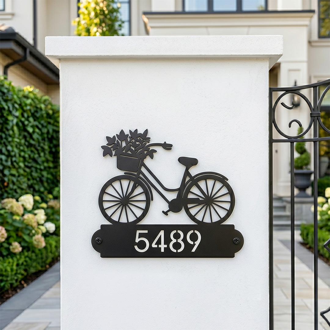 Personalized Metal Address Sign with Vintage Bicycle House Number Design