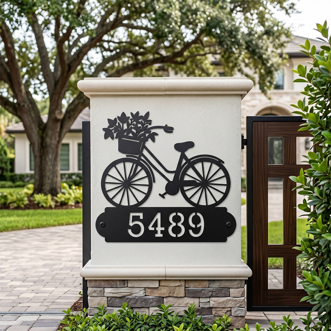 Personalized Metal Address Sign with Vintage Bicycle House Number Design