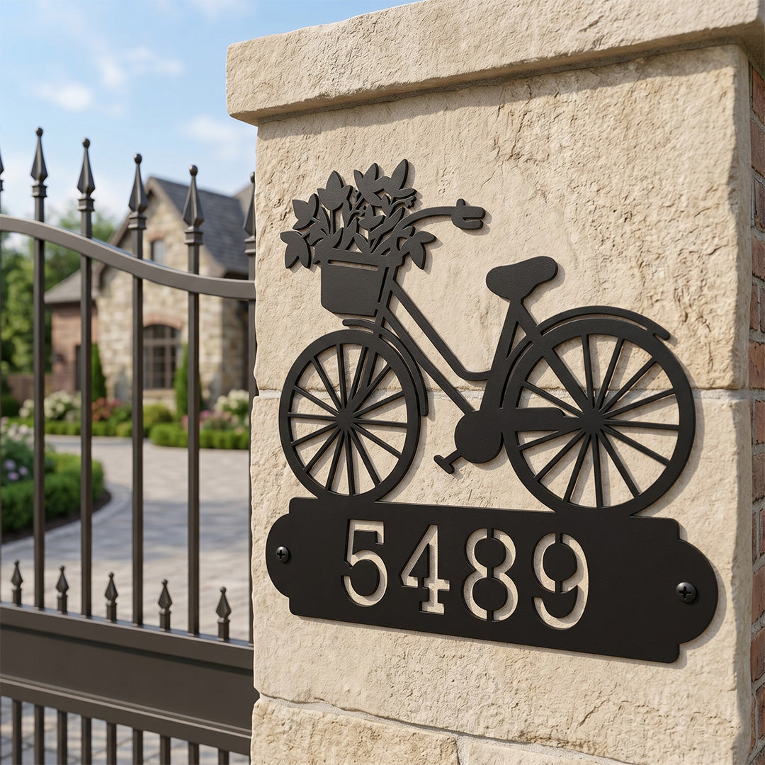 Personalized Metal Address Sign with Vintage Bicycle House Number Design