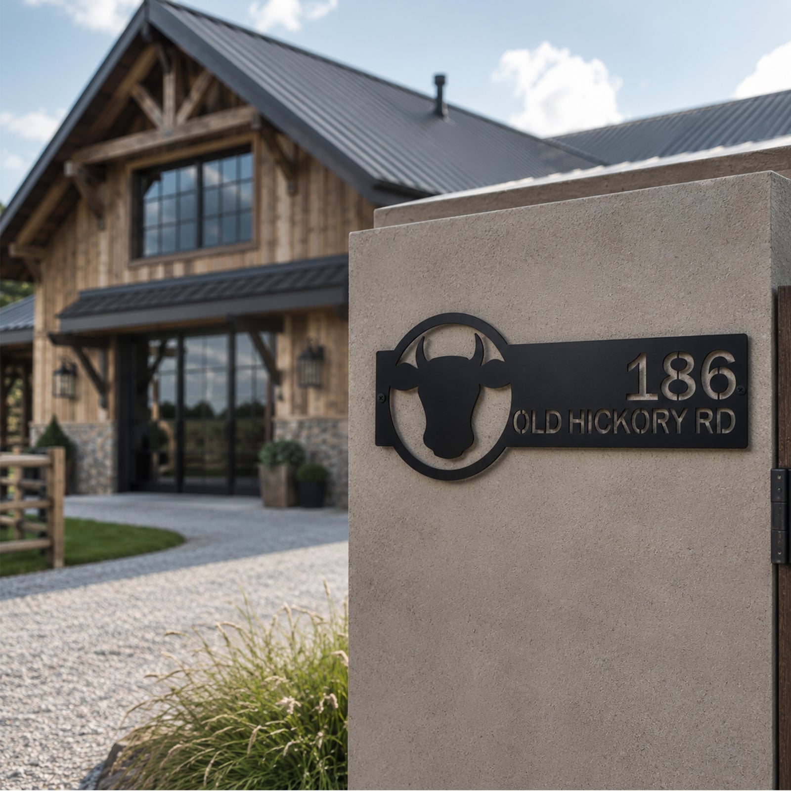 Black western style metal address plaque with bull head design installed on concrete entry wall outside farmhouse