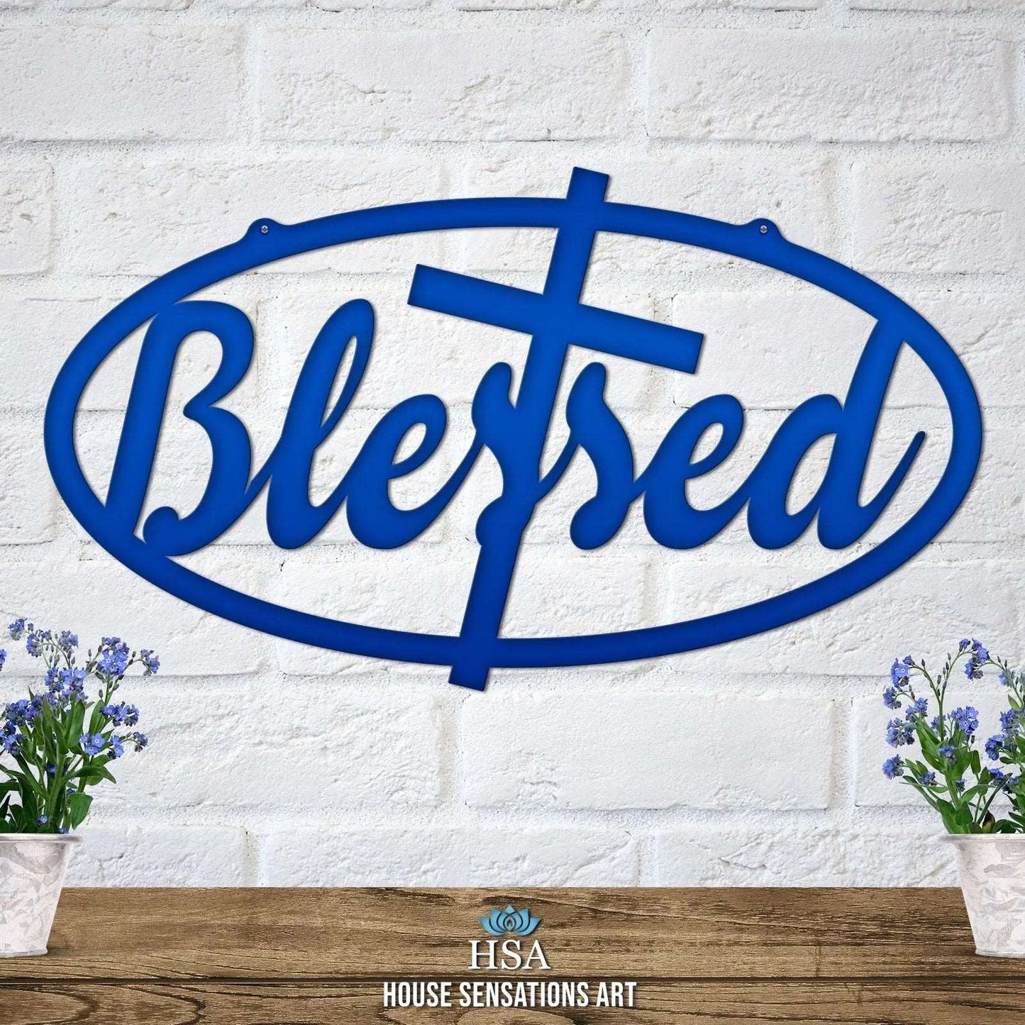 Blessed Sign Established Sign - Personalized Family Name Sign is displayed on a table, accompanied by small potted flowers, showcasing its elegant custom metal design for home décor or wedding gifts.