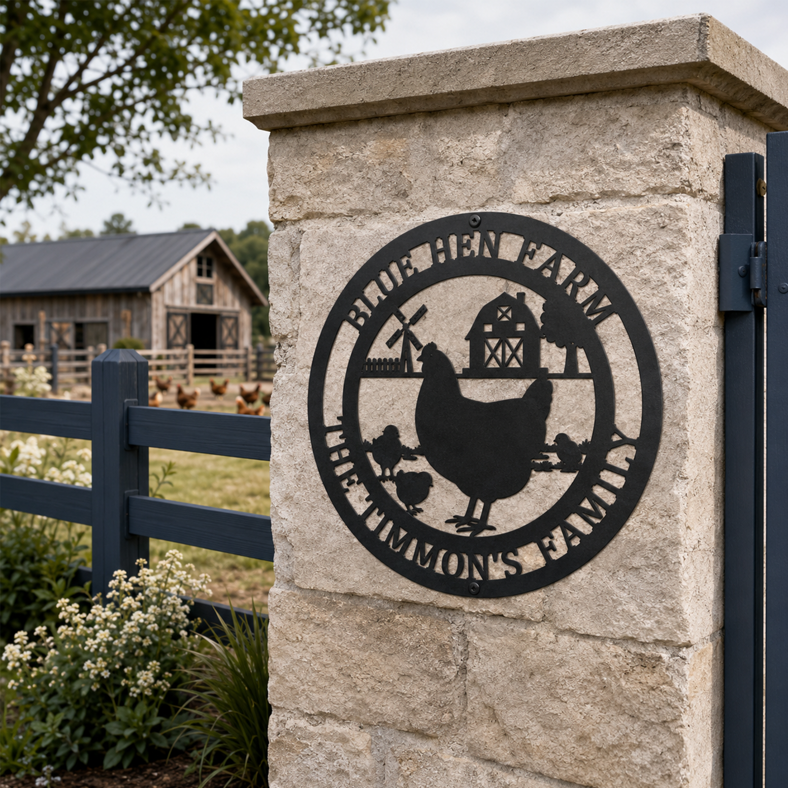 Black round chicken farm metal sign mounted on stone gate post beside fenced farmhouse yard