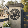 Black custom chicken farm sign with hen chicks barn and windmill on farmhouse entrance pillar
