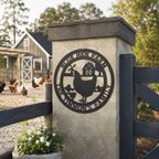 Black custom chicken farm sign with hen chicks barn and windmill on farmhouse entrance pillar