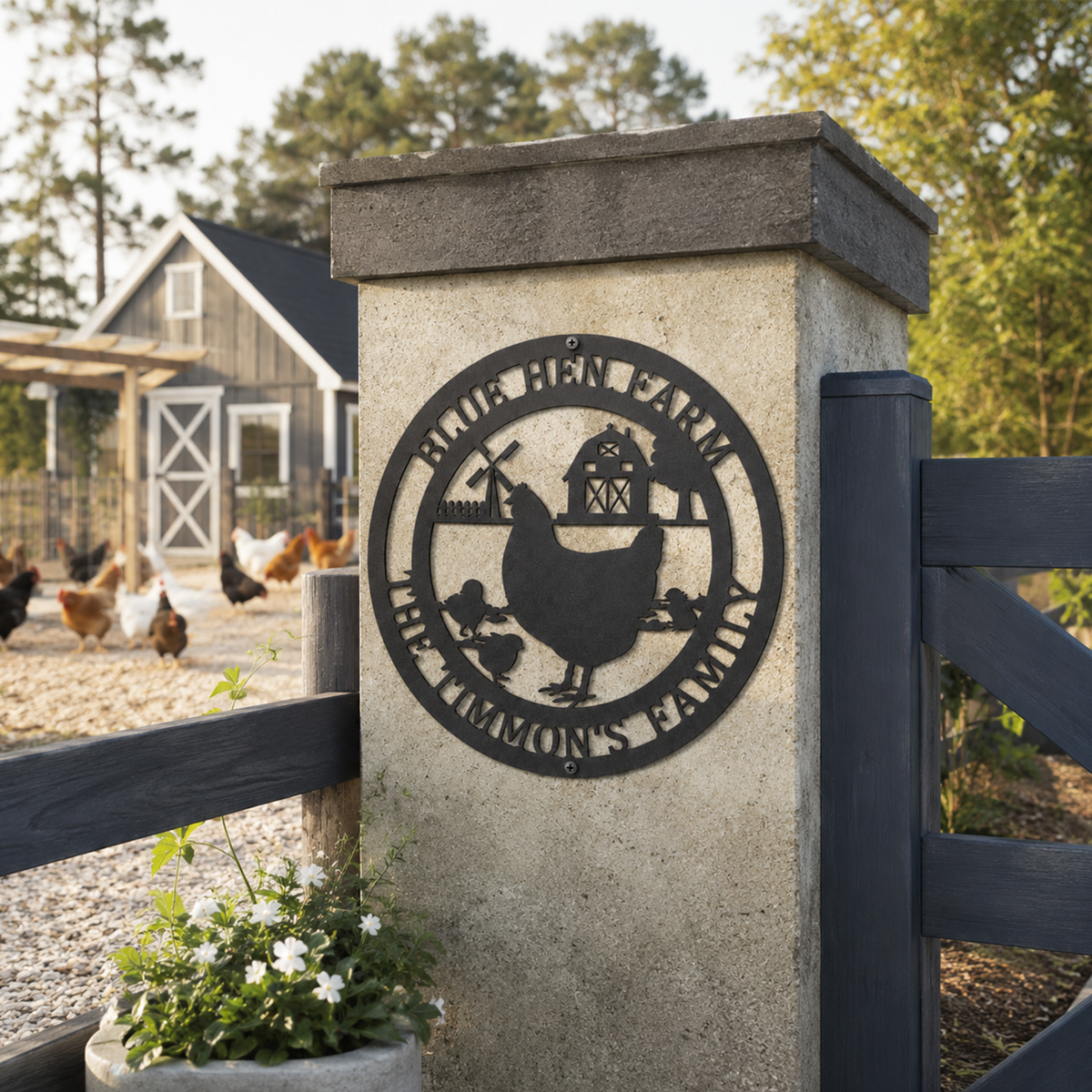 Black custom chicken farm sign with hen chicks barn and windmill on farmhouse entrance pillar