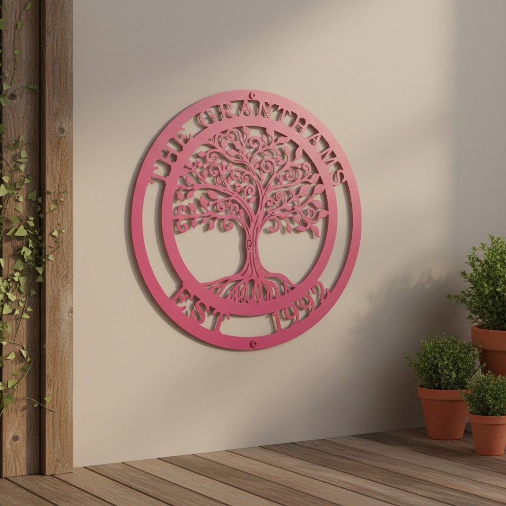 A vibrant bubblegum pink circular metal sign featuring a detailed Tree of Life cutout and the custom name "THE GRANTHAMS EST. 1992." The colorful monogram piece is mounted on an off-white wall above a wooden patio deck next to three stacked terracotta potted plants.