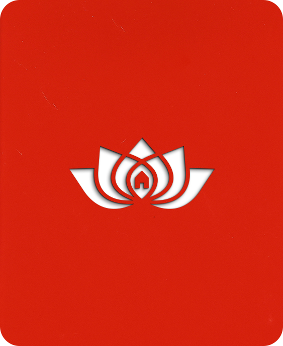 Minimalist white lotus flower emblem with home icon center on bright red background modern decorative logo style design