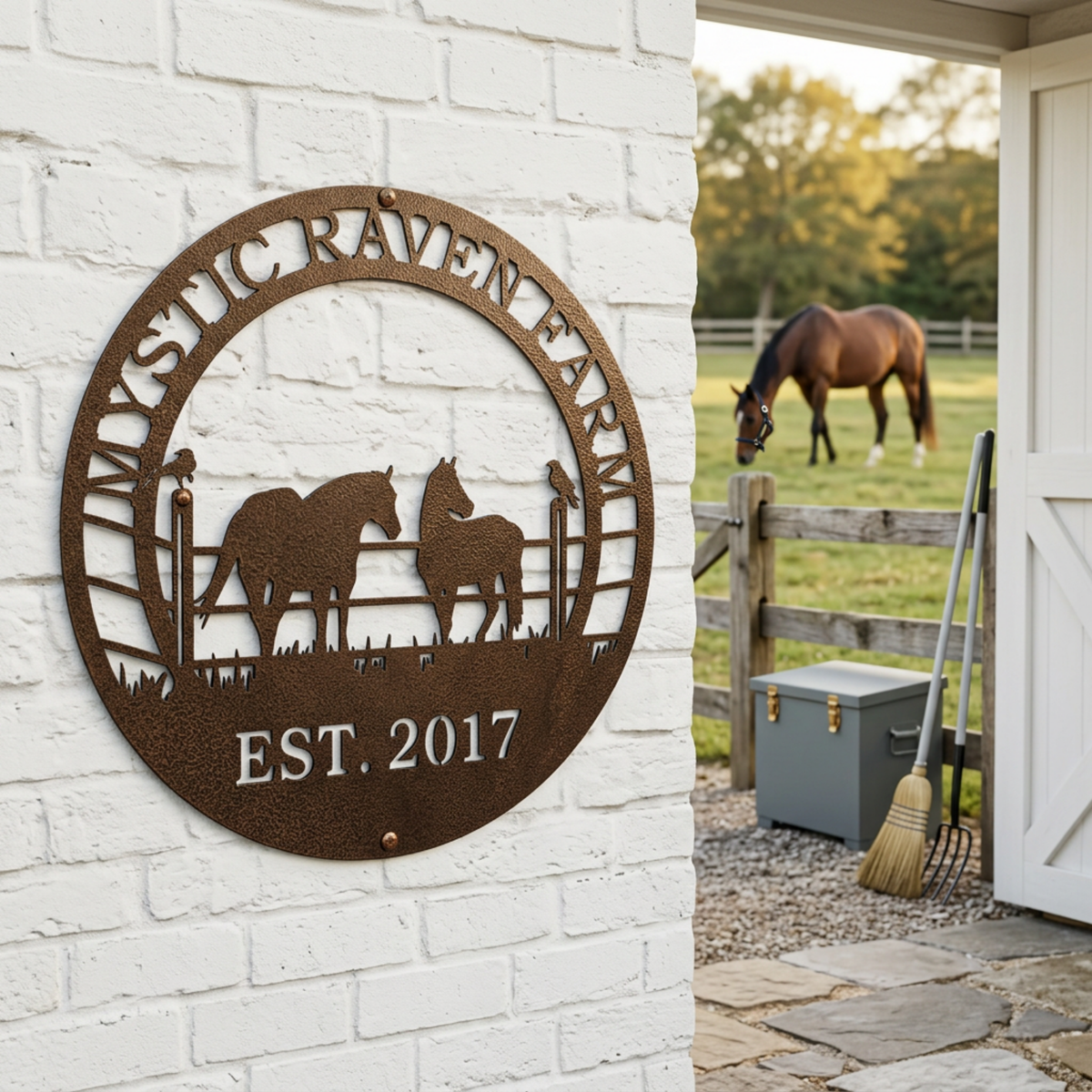 Bronze Mystic Raven Farm horse metal sign with fence and bird accents mounted on white brick wall near pasture view