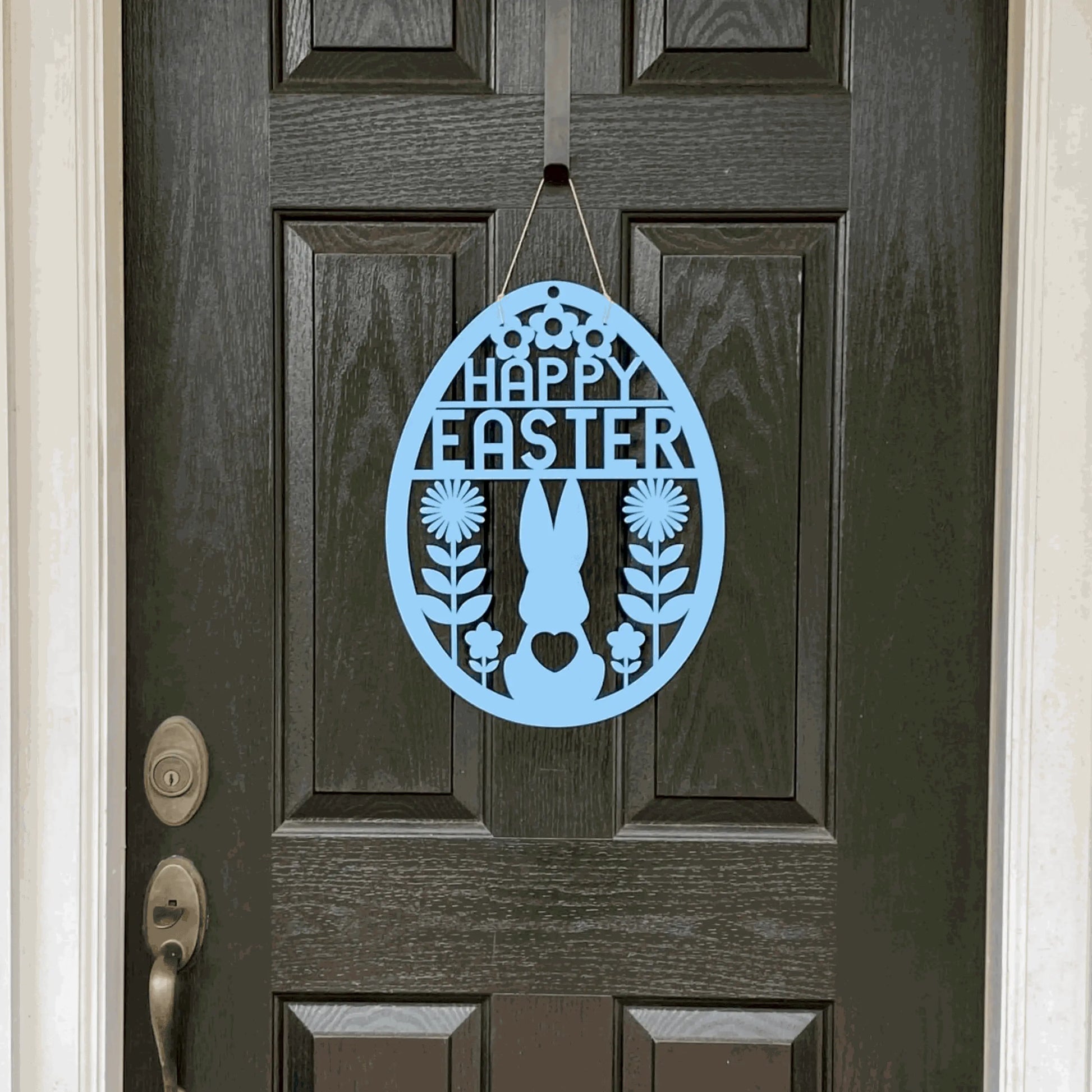 Bunny in Flowers Happy Easter Egg Front Door Wreath: A festive metal wreath featuring a bunny with flowers and Easter eggs, perfect for customizable door decor, enhancing your porch or garden.