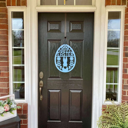 Bunny in Flowers Happy Easter Egg Front Door Wreath: Festive metal wreath featuring a bunny with flowers, customizable for your home, porch, or garden. Durable and rust-resistant for seasonal decor.