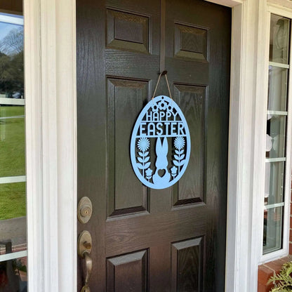 Bunny in Flowers Happy Easter Egg Front Door Wreath - Customizable metal decor featuring a bunny with flowers, ideal for home entryways. Durable, rust-resistant, includes twine for easy hanging.