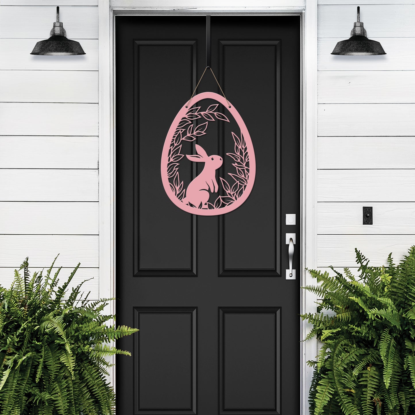 Easter Bunny Egg Spring Door Hanger: A customizable metal door decor featuring a cute bunny and eggs, ideal for home or garden. Durable, rust-resistant, perfect seasonal gift from HouseSensationsArt.