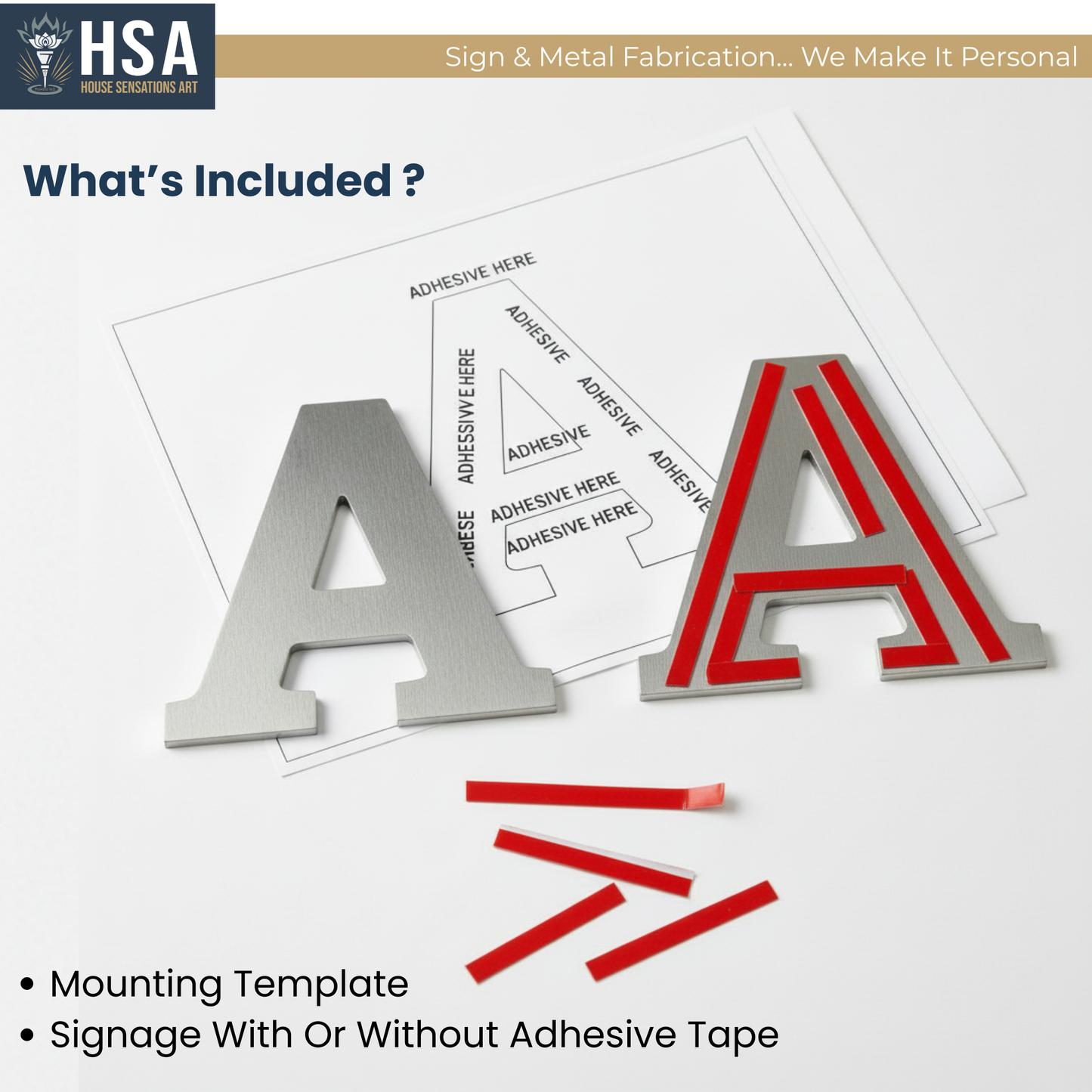 Metallic letter 'A' with and without adhesive tape and mounting template on a white background, featuring HSA branding.