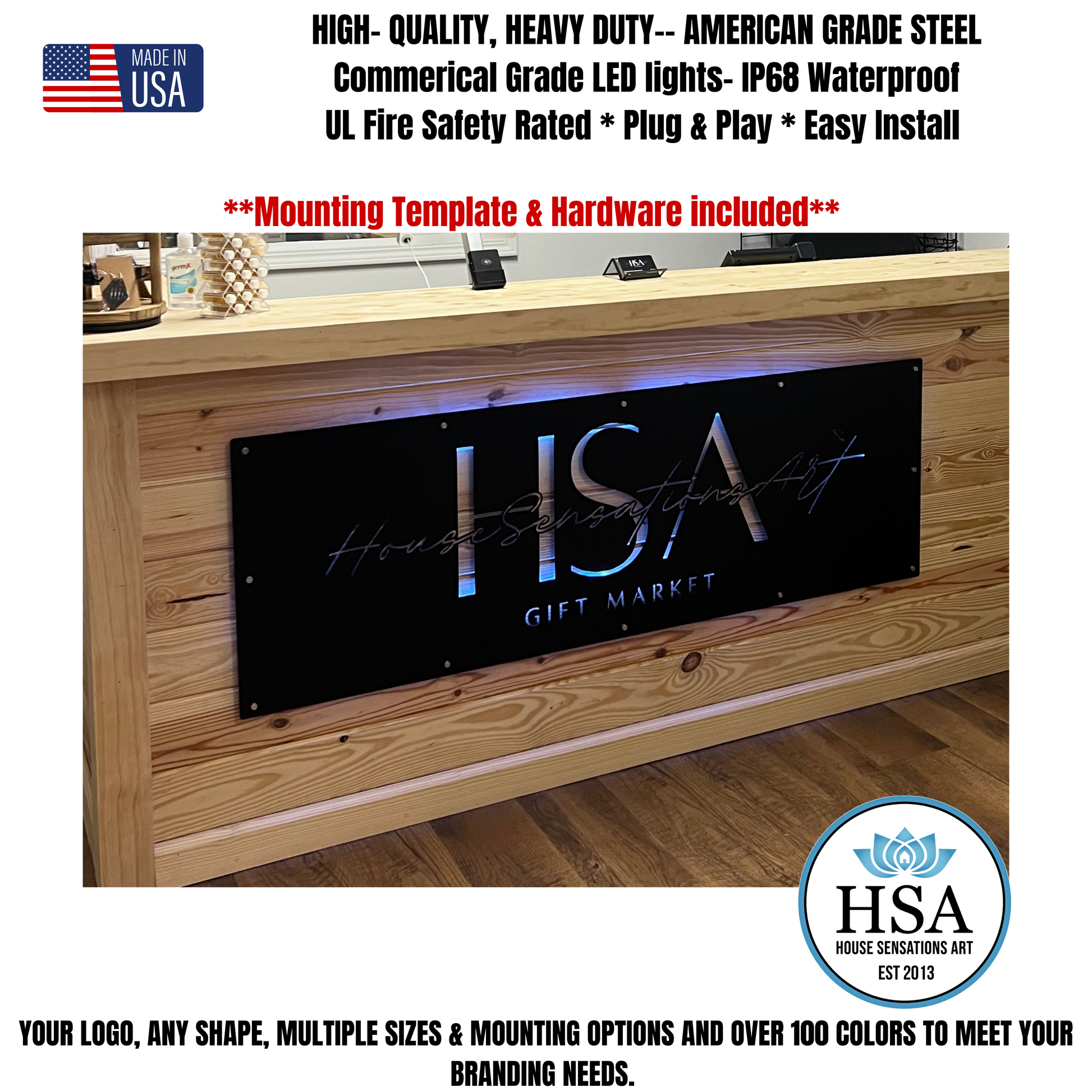 Black Metal Laser Cut Sign on Wood Reception Desk  with the name House Sensations Art  and details about Mounting hardware, mounting template and shape, size and colors