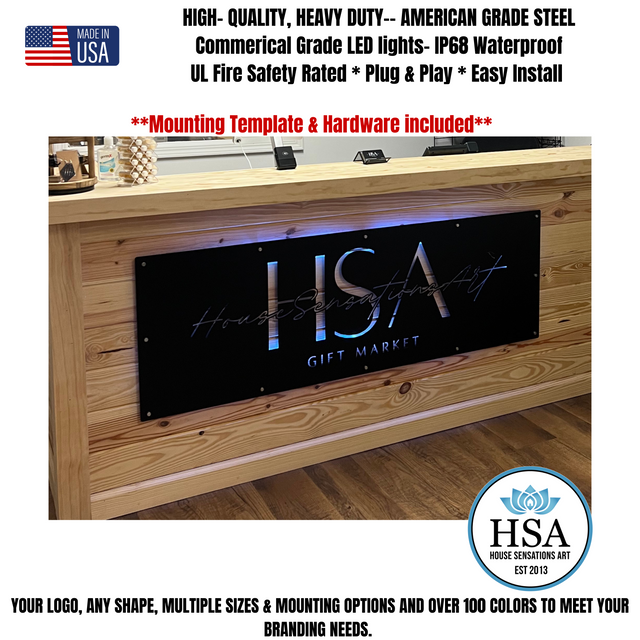 Black Metal Laser Cut Sign on Wood Reception Desk  with the name House Sensations Art  and details about Mounting hardware, mounting template and shape, size and colors