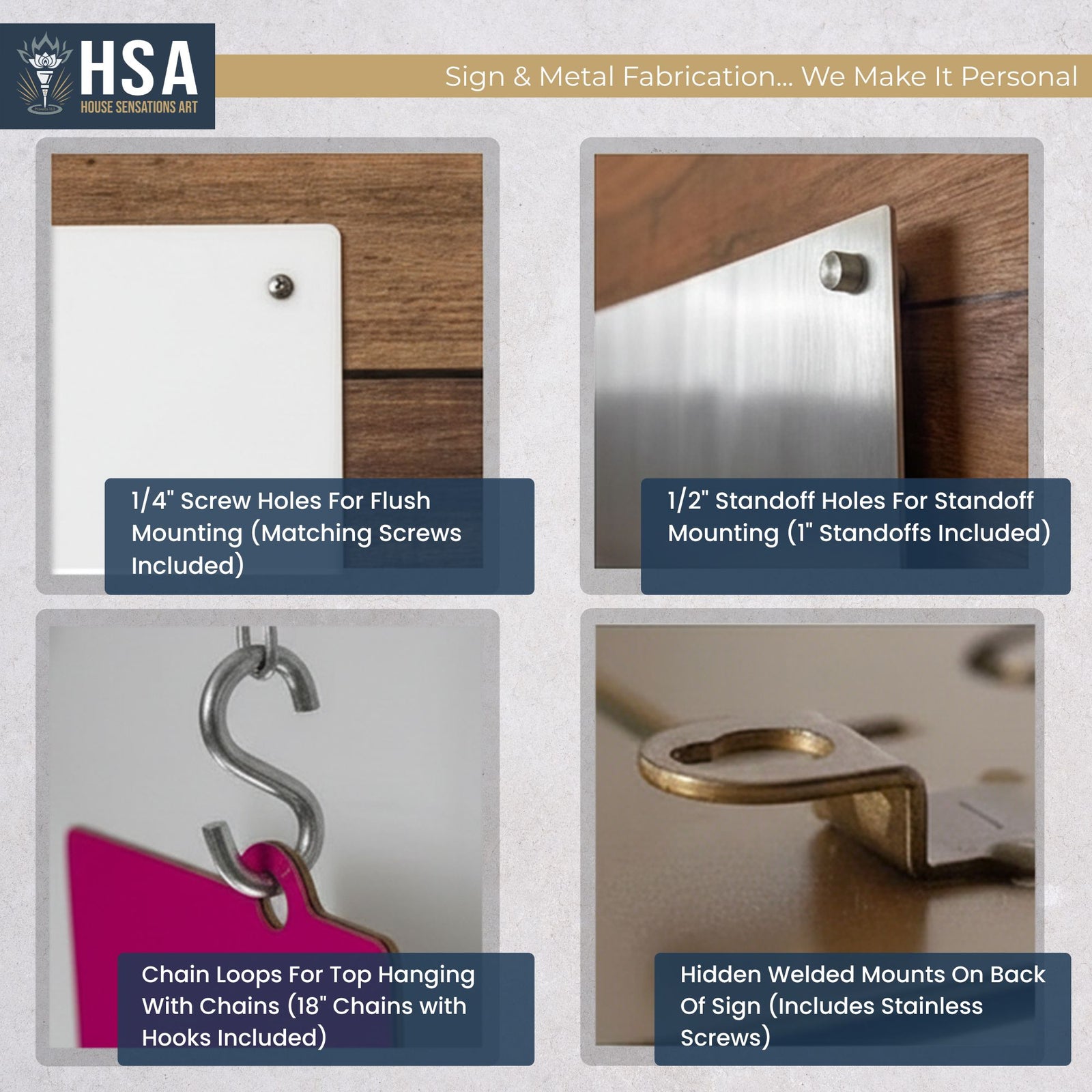HSA metal sign and fabrication components, infographic highlighting product features and benefits for custom metal signage