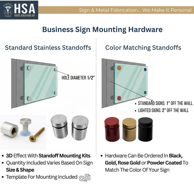 Custom metal sign mounting hardware with stainless steel standoffs, color matching options for powder coated signs, modern business logo sign installation kit for LED backlit metal wall signage indoor or outdoor use