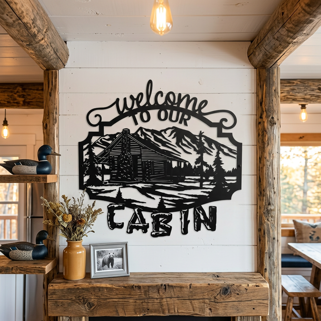 Black cabin mountain metal welcome sign displayed on a white shiplap wall with warm rustic lodge accents