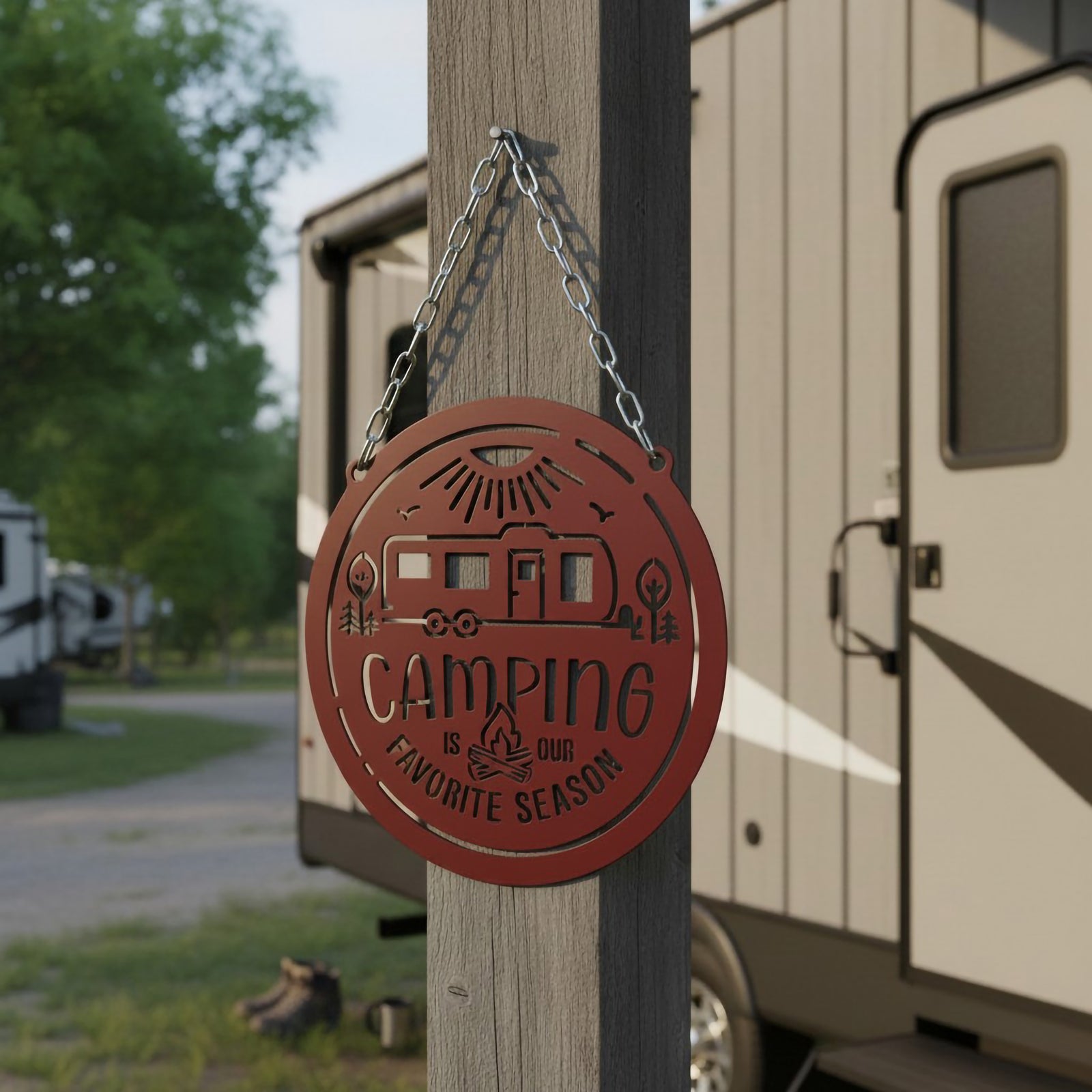 Deep red camping metal sign hanging from a wooden campsite post beside an RV trailer, featuring a camper trailer illustration and Camping Is Our Favorite Season wording.