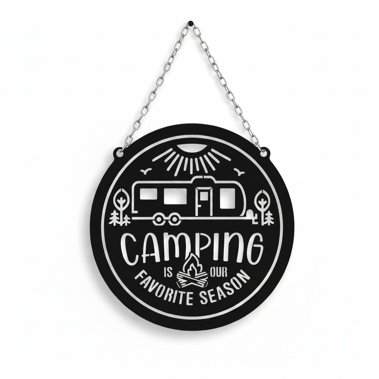 Camping Is Our Favorite Season metal sign displayed front-facing with detailed camper trailer artwork, campfire design, and hanging chain on a clean background.