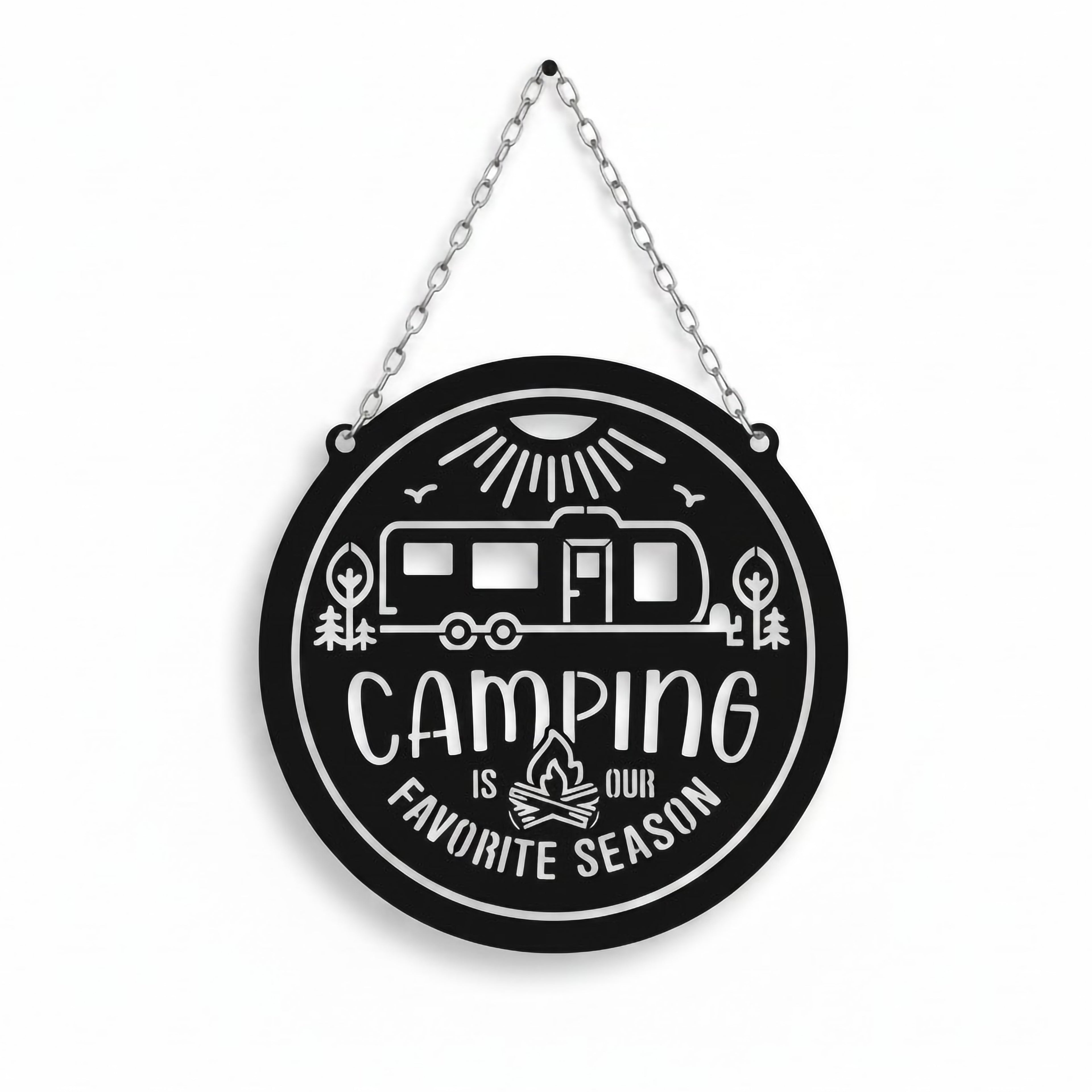 Camping Is Our Favorite Season metal sign displayed front-facing with detailed camper trailer artwork, campfire design, and hanging chain on a clean background.
