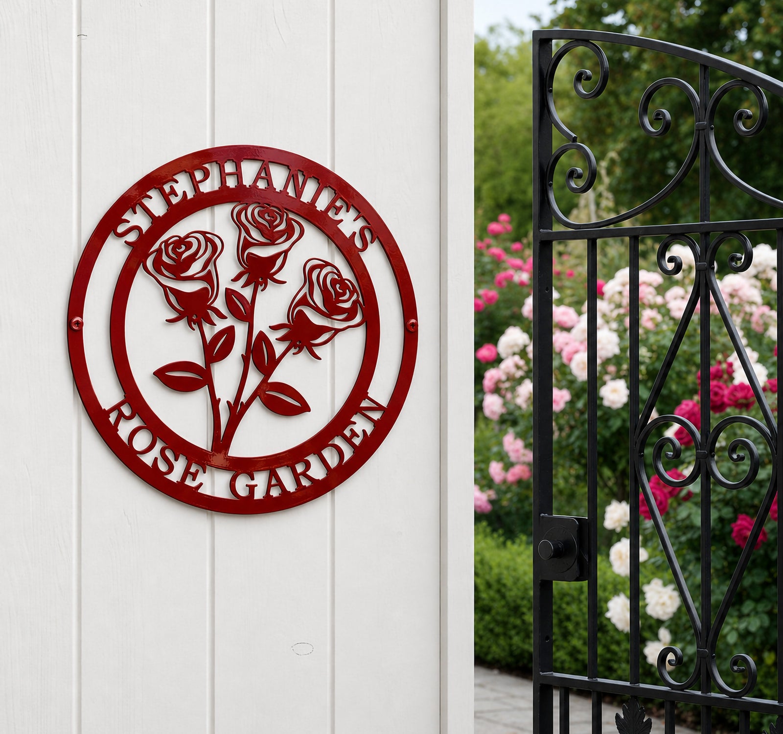 Glossy candy apple red finish of the custom circular rose metal art sign styled on a white vertical wood panel wall next to an ornate black iron garden gate.
