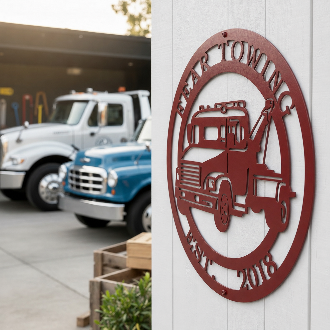 Glossy candy apple red finish of the custom circular wrecker truck sign mounted on a white exterior wall overlooking a commercial fleet lot with a classic blue tow truck.