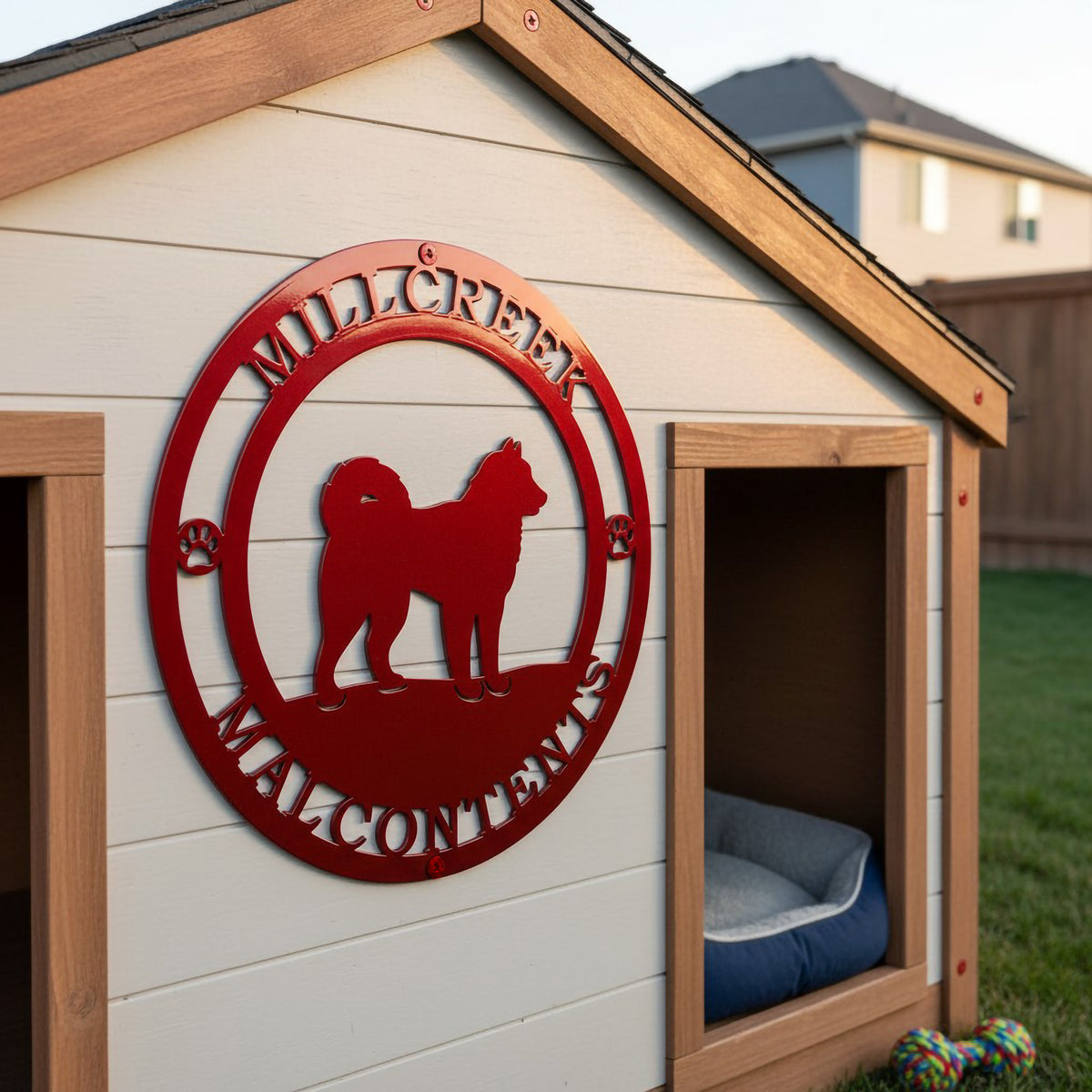 Red custom Mill Creek Malcontents dog metal sign with standing dog silhouette mounted on a white outdoor dog house