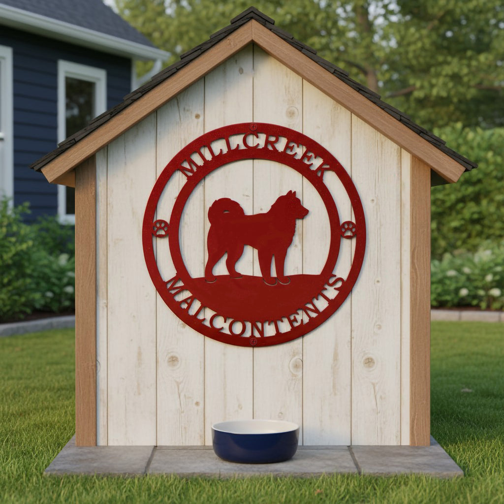 Red Mill Creek Malcontents dog metal sign mounted on a white dog house with pet bowl and backyard setting