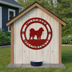 Red Mill Creek Malcontents dog metal sign mounted on a white dog house with pet bowl and backyard setting