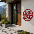 Red custom monogram metal wall sign with Mitchell family name mounted beside a contemporary outdoor front door