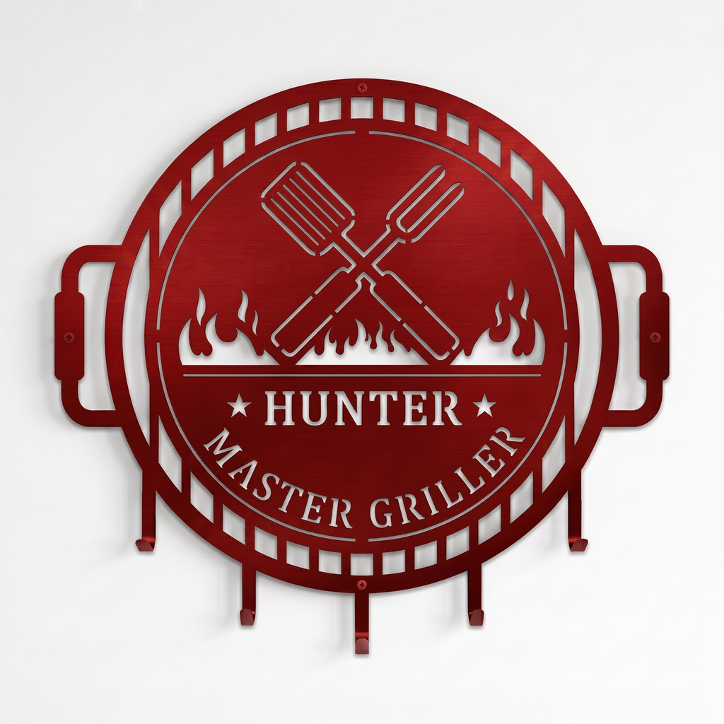 Candy apple red personalized grill master metal wall decor with BBQ utensil holder hooks and flame cutout details
