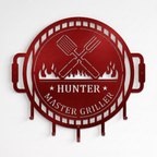 Candy apple red personalized grill master metal wall decor with BBQ utensil holder hooks and flame cutout details