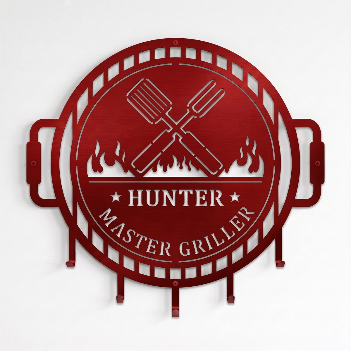 Candy apple red personalized grill master metal wall decor with BBQ utensil holder hooks and flame cutout details