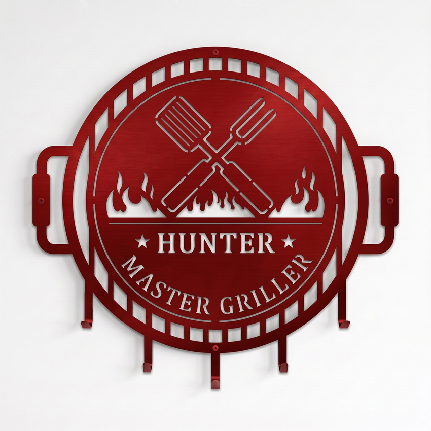 Candy apple red personalized grill master metal wall decor with BBQ utensil holder hooks and flame cutout details
